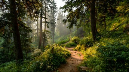 Obraz premium Winding dirt pathway traverses a misty, sun-dappled evergreen forest trail during early morning