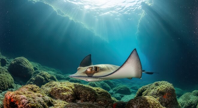 Elegant bat ray gracefully gliding through the sunlit underwater seascape abundant marine life