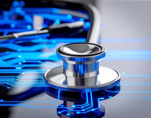 Stethoscope on a reflective surface with blue circuit board design.