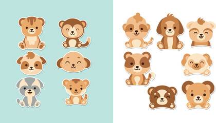 Set of cute cartoon animal stickers vector illustration of funny puppies bears and monkeys for kids scrapbooking nursery decoration and happy emoji character design