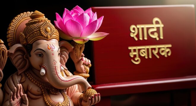 Ganesh statue holding lotus flower near shaadi mubarak text artistic presentation
