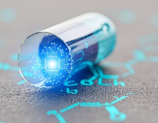 Futuristic pill with integrated circuit and chemical structure.