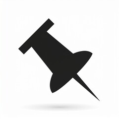 Black pushpin with shadow on white background, vector illustration.