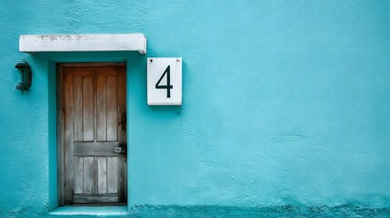 Weathered wooden entrance door contrasts sharply with vibrant cyan stucco wall marked with house number four