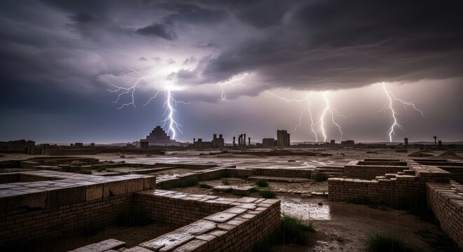 Dramatic thunderstorm over ancient ruins evokes apocalyptic atmosphere and power