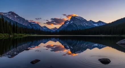 Serene mountain lake reflection at dawn mirroring the sky and trees with calm waters