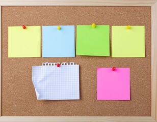 Cork board with colorful sticky notes pinned to it.