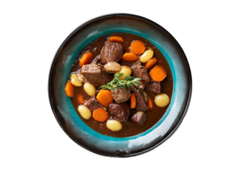 Beef bourguignon top view full length isolated on transparent or white background