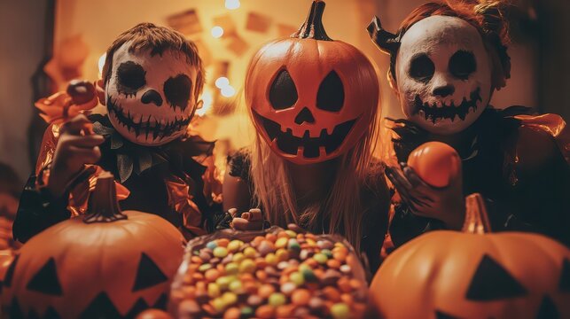 Three spooky figures with pumpkin heads and skeleton masks celebrate halloween - Powered by Adobe