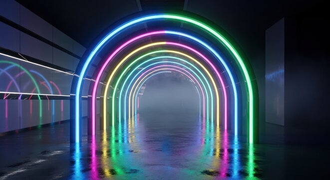 Neon Arches Illuminating a Foggy, Reflective Corridor Creating a Cyberpunk Ambience