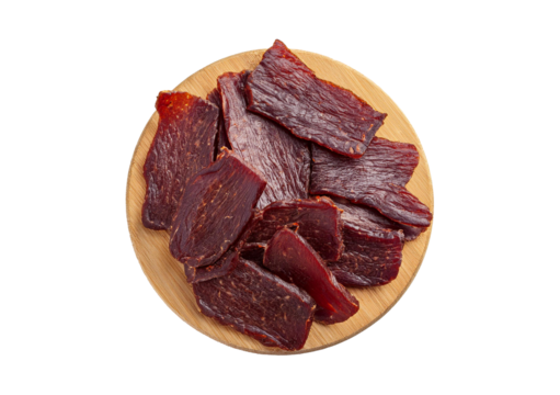 Beef jerky top view full length isolated on transparent or white background