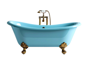 Antique-style blue bathtub with brass fixtures and ornate claw feet
