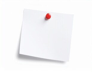 Blank white sticky note pinned with a red push pin on a white background.