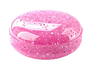 A translucent pink, oval container, speckled with glitter against a black backdrop