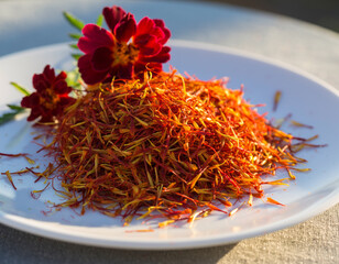Fototapeta premium Closeup of Saffron Threads on a White Plate with Red Flowers Culinary Ingredient, Flavoring, Spice, Expensive, Healthy, Gourmet, Food Photography.