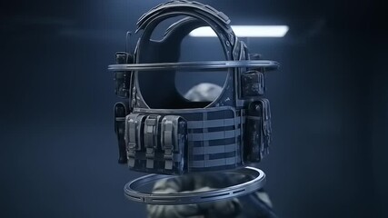 Tactical Vest Displayed with Soldier in Background Futuristic Military Gear.