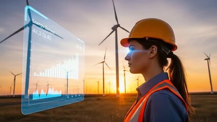 Woman Engineer Using Futuristic Technology in Wind Farm at Sunset. - Powered by Adobe