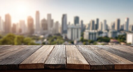 Empty wooden surface in focus with a blurred modern city skyline in the background, perfect for product display or text overlay. High quality