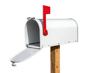 A white curbside box with a red flag, lid open, attached to a wooden post