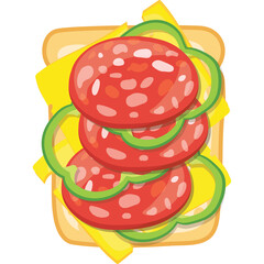 Top view of a colorful open faced sandwich with salami cheese and green bell pepper slices on toasted bread with a yellow napkin on a transparent background