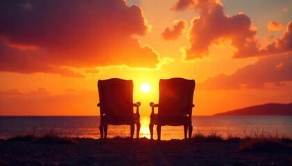 Two empty chairs facing a romantic sunset, symbolizing a missed connection or lost love  Perfect for themes of longing, absence, and remembrance , memory, waiting