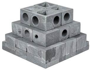 Stacked gray stone blocks form a tiered structure with square and round openings