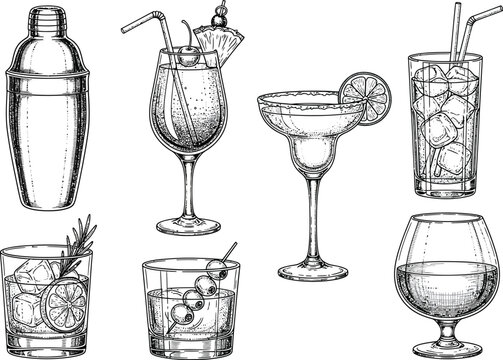 Collection of hand drawn cocktail illustrations featuring different glassware and shaker for beverage and party themes