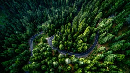 Elevated perspective reveals a winding paved road carving through a dense evergreen forest.