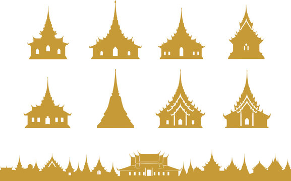 Collection of golden thai temple silhouettes featuring intricate architectural details and a panoramic skyline