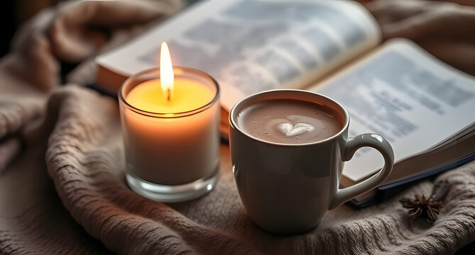 A warm, inviting, and low-light image of a gray coffee mug containing hot chocolate with a small heart-shaped latte art. Next to it, a glowing candle provides a soft, warm light. - Powered by Adobe