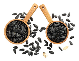 Two wooden scoops of dark seeds surrounded by a scattering of the same