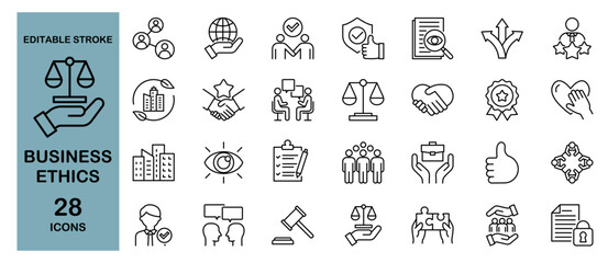 Business Ethics Icon Set – Compliance, Meeting, Justice and Compliance. Editable Stroke, Vector Illustration