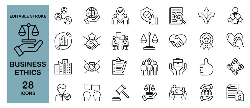 Business Ethics Icon Set &ndash; Compliance, Meeting, Justice and Compliance. Editable Stroke, Vector Illustration