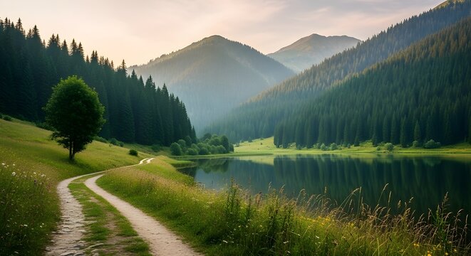 Scenic mountain landscape with a winding path lush green forest and a calm lake reflecting the sky and mountain peaks - Powered by Adobe