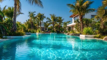 Fototapeta premium Luxurious tropical resort features expansive swimming pool surrounded by abundant palm trees and modern architecture