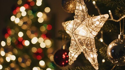 Close-up of a sparkling star ornament on a Christmas tree with blurred lights in the background creating a festive and warm holiday atmosphere. - Powered by Adobe