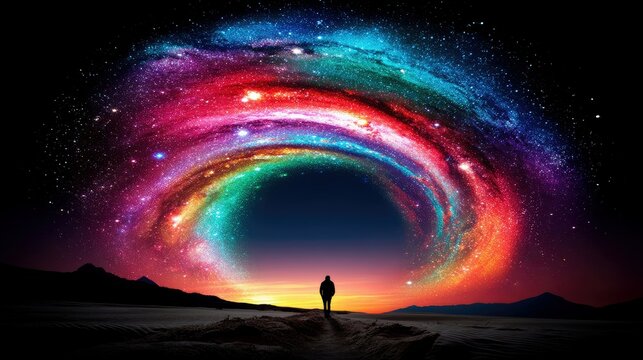 A lone person stands on a rocky outcrop, silhouetted against a breathtaking cosmic spectacle. A vibrant, multicolored galaxy swirls across the night sky, framed