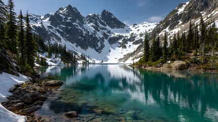 Majestic snow-capped mountains surround a stunningly clear alpine lake reflecting the bright blue sky