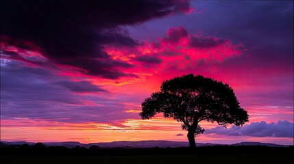 A lone tree stands silhouetted against a dramatic sunset sky filled with vibrant pink, purple, and orange clouds. The landscape below is dark and silhouetted.
