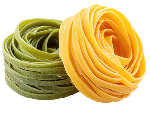 Two pasta nests, one green spinach and one yellow egg pasta, on a black background