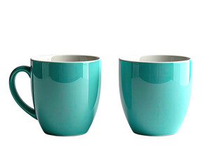 Two turquoise ceramic coffee mugs, one with handle, against a dark background