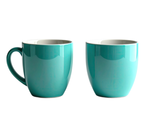 Two turquoise ceramic coffee mugs, one with handle, against a dark background