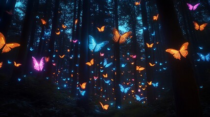 Vibrant glowing butterflies illuminate a mystical dark forest, creating an enchanting night scene. Ideal for fantasy, nature, and wonder concepts