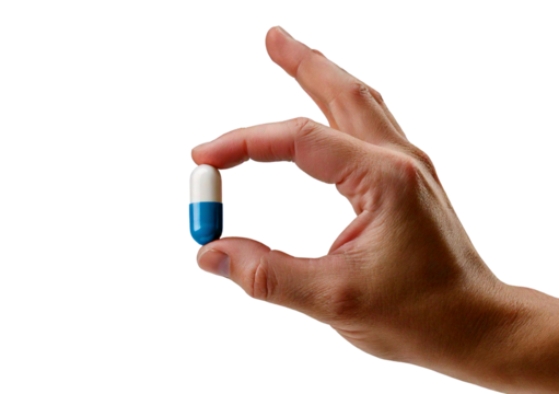 Hand holding capsule isolated on transparent or white background
