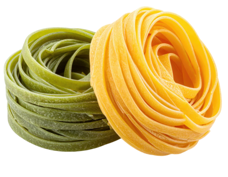 Two pasta nests, one green spinach and one yellow egg pasta, on a black background