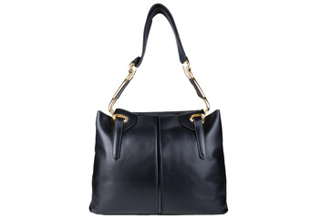 Leather bag, black color with gold hardware isolated on transparent or white background