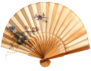 Asian-style folding fan, light wood, floral painted design