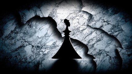 A striking silhouette of a queen chess piece stands against a textured, marbled wall. Dramatic lighting casts shadows and highlights, creating a moody and abstr