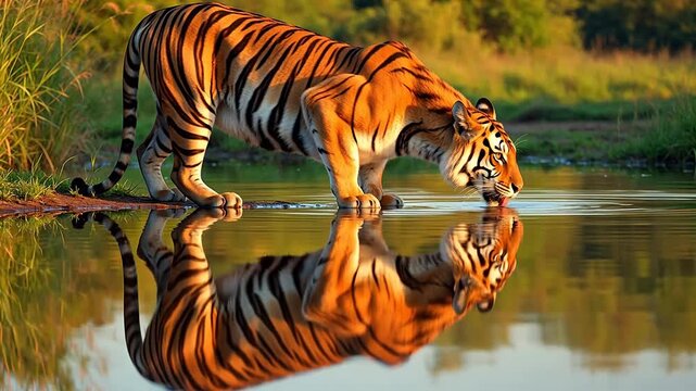Tiger Drinking Water A Striking Reflection in the Calm Pond