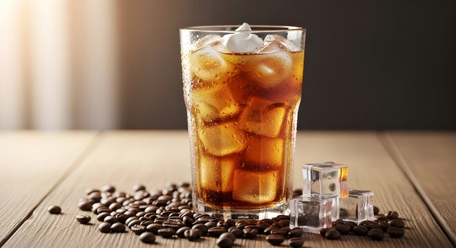 Refreshing iced coffee in tall glass with ice cubes and roasted coffee beans on rustic wooden table for summer drink concept